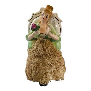 Vintage Porcelain Figurine Lady Sitting Stiffened Lace Skirt Hand Painted 4.5in